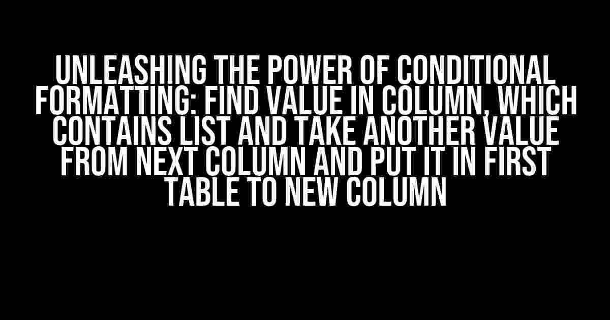 Unleashing the Power of Conditional Formatting: Find Value in Column, which Contains List and Take Another Value from Next Column and Put it in First Table to New Column